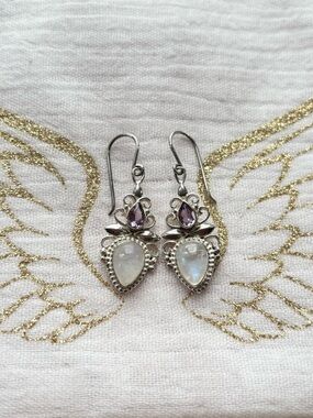 Sterling Silver Moonstone & Amethyst Drop Earrings - Iridescent White